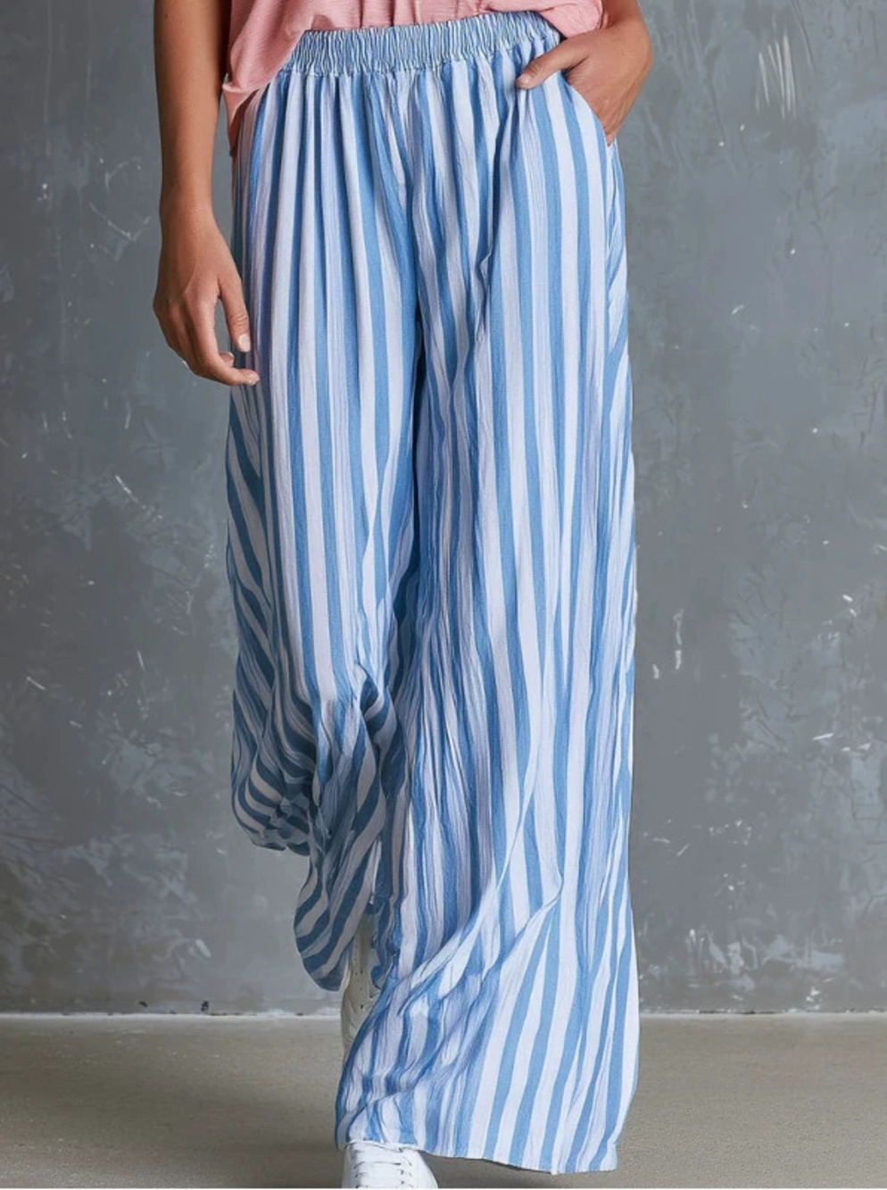 Retro Pink Short Sleeve Collar Shirt and Blue Striped Pants Set